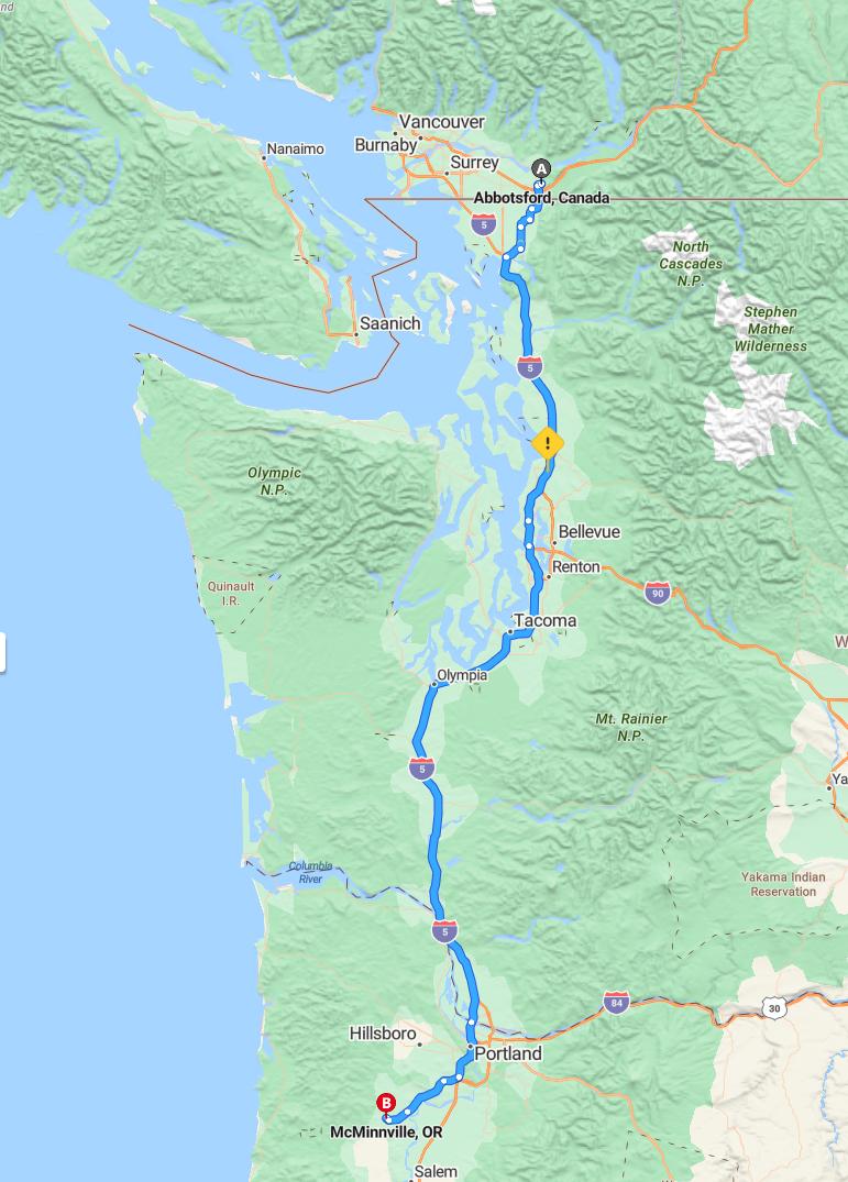 driving from Abbotsford, British Columbia to McMinnvilleOregon - map and route