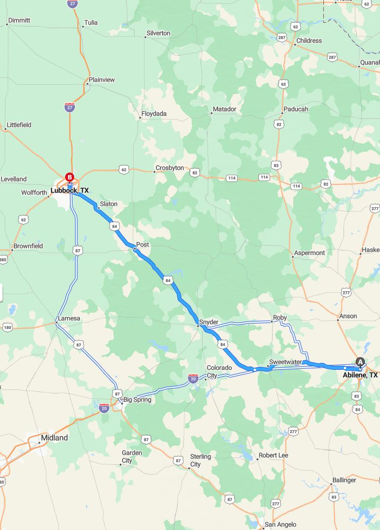 driving from Abilene, Texas to LubbockTexas - map and route