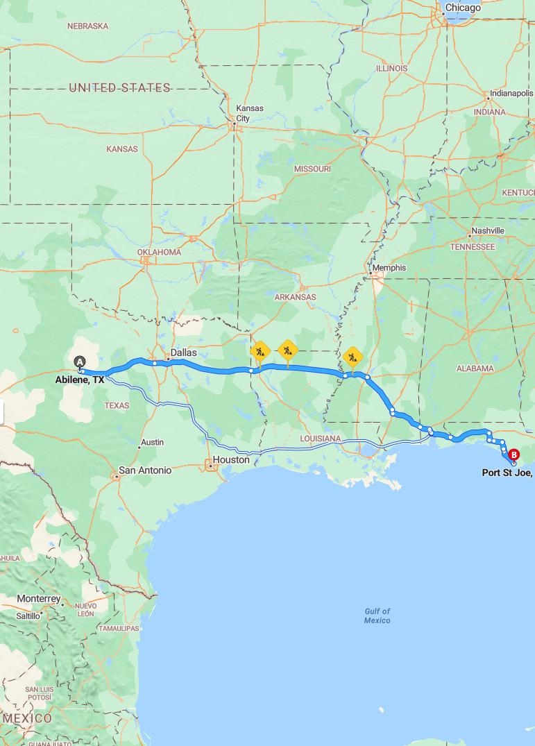 driving from Abilene, Texas to Port Saint JoeFlorida - map and route