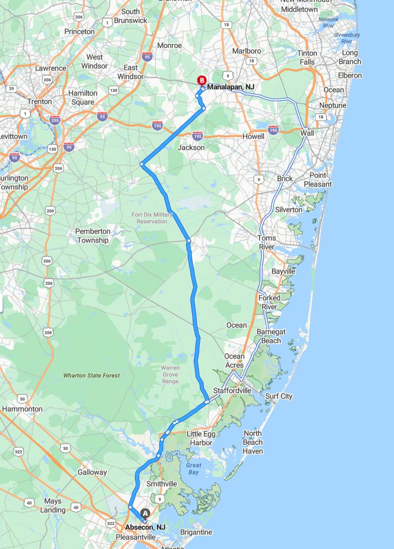 driving from Absecon, New Jersey to ManalapanNew Jersey - map and route