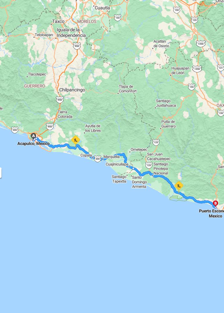 driving from Acapulco, Guerrero to Puerto EscondidoOaxaca - map and route