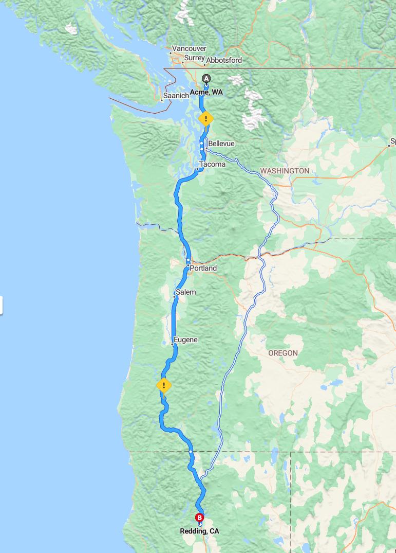 driving from Acme, Washington to ReddingCalifornia - map and route