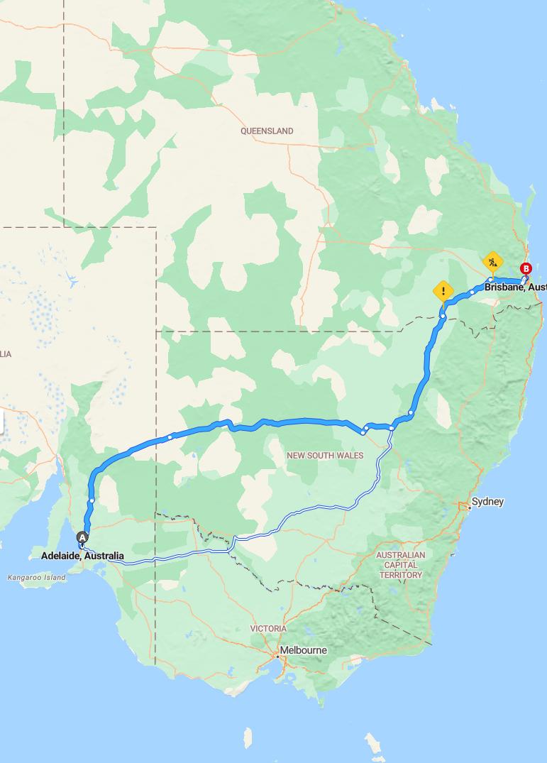 driving from Adelaide, South Australia to BrisbaneQueensland - map and route
