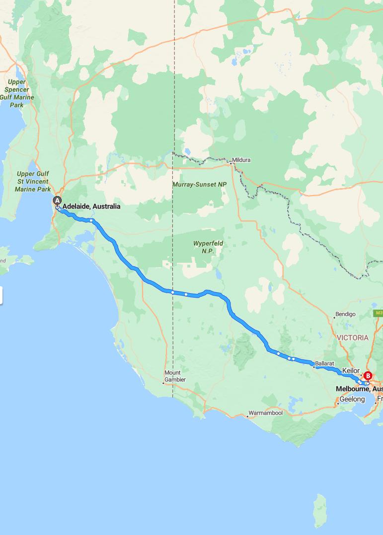 driving from Adelaide, South Australia to MelbourneVictoria - map and route