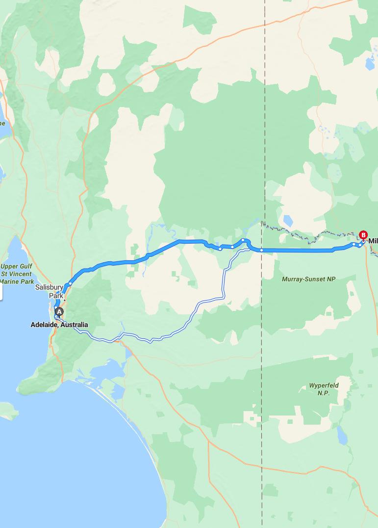 driving from Adelaide, South Australia to MilduraVictoria - map and route