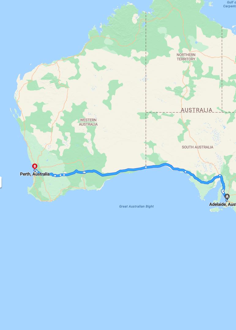 driving from Adelaide, South Australia to PerthWestern Australia - map and route