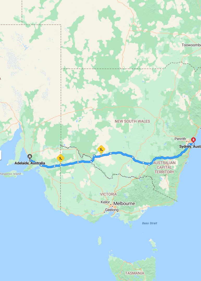 driving from Adelaide, South Australia to SydneyNew South Wales - map and route