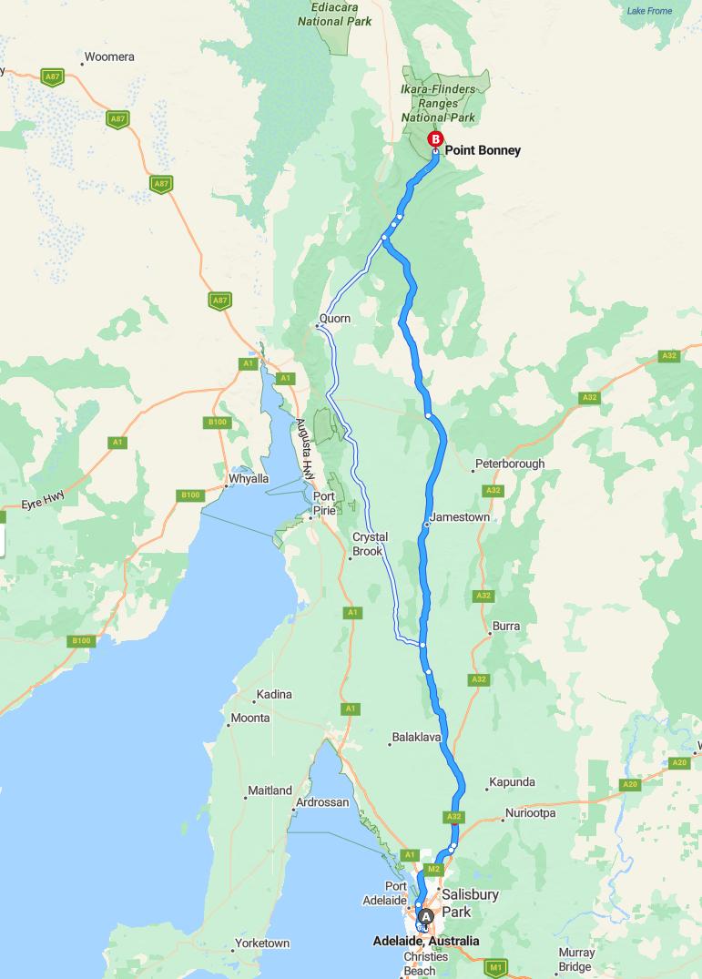 driving from Adelaide, South Australia to Wilpena PoundSouth Australia - map and route