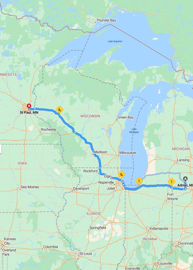 driving from Adrian, Michigan to St. PaulMinnesota - map and route