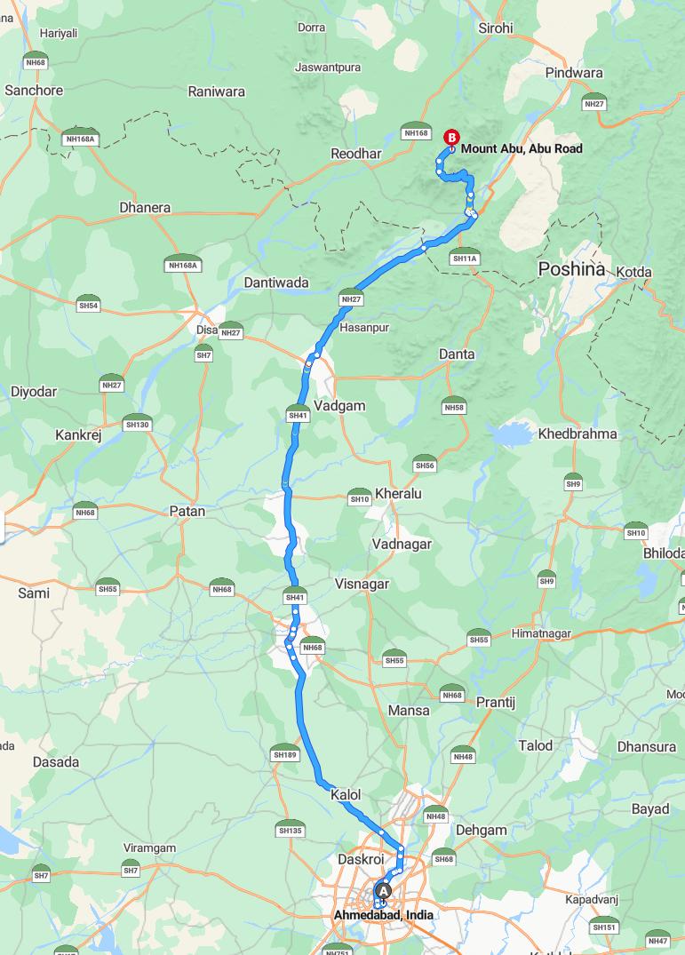 driving from Ahmedabad, Gujarat to Mount AbuRajasthan - map and route