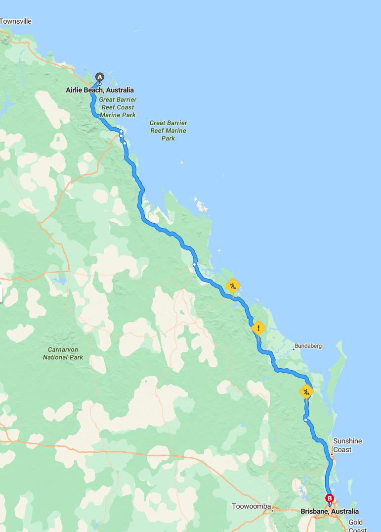driving from Airlie Beach, Queensland to BrisbaneQueensland - map and route