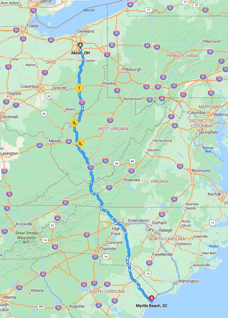 driving from Akron, Ohio to Myrtle BeachSouth Carolina - map and route