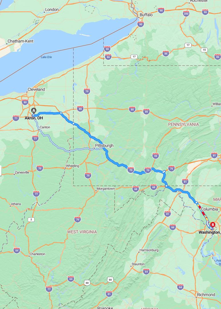 driving from Akron, Ohio to WashingtonD.C. - map and route