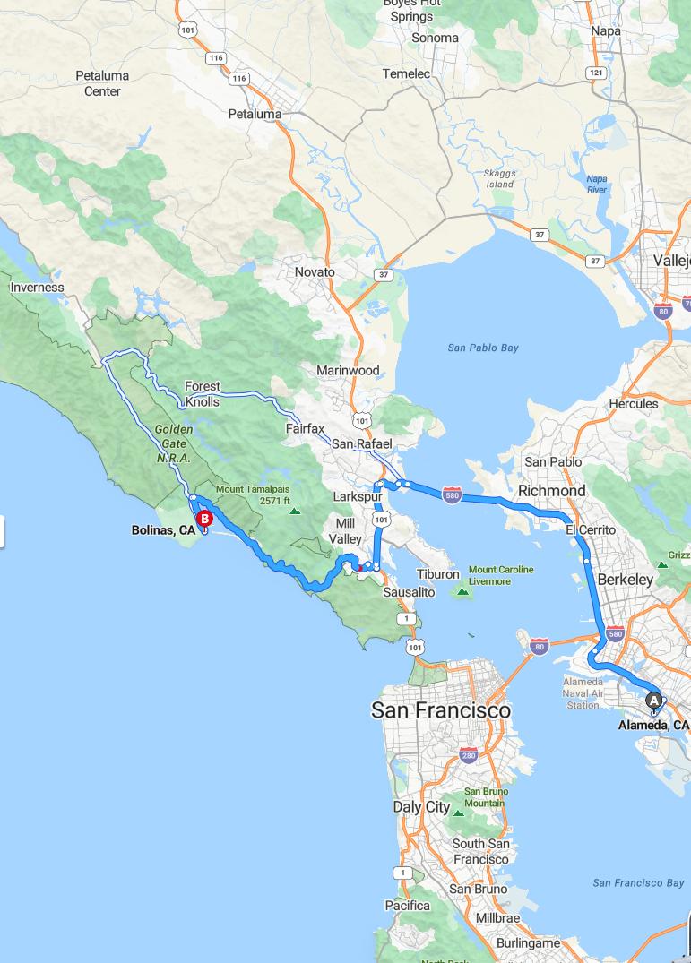 driving from Alameda, California to BolinasCalifornia - map and route