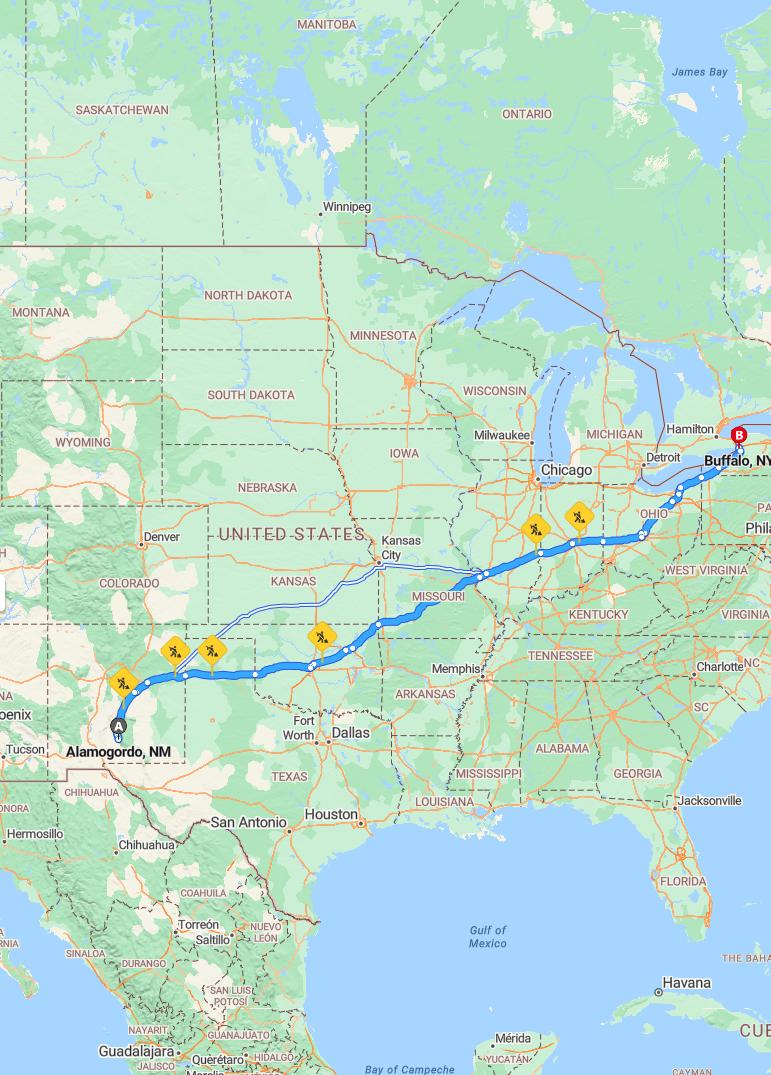 driving from Alamogordo, New Mexico to BuffaloNew York - map and route