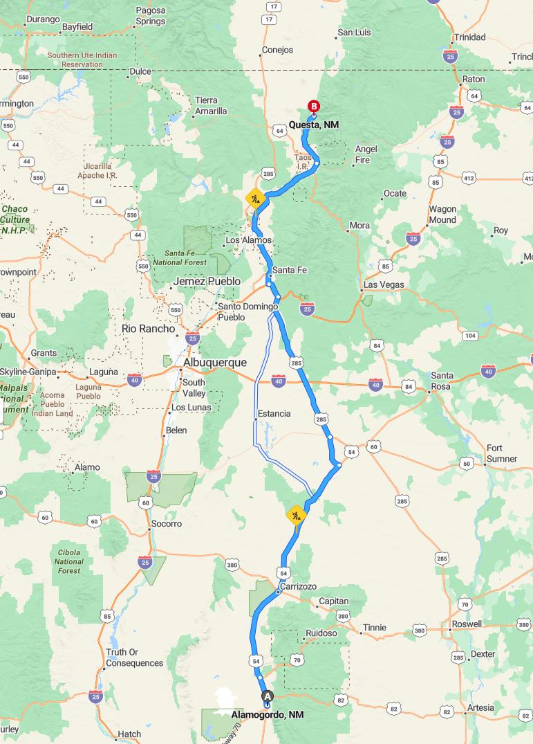 driving from Alamogordo, New Mexico to QuestaNew Mexico - map and route