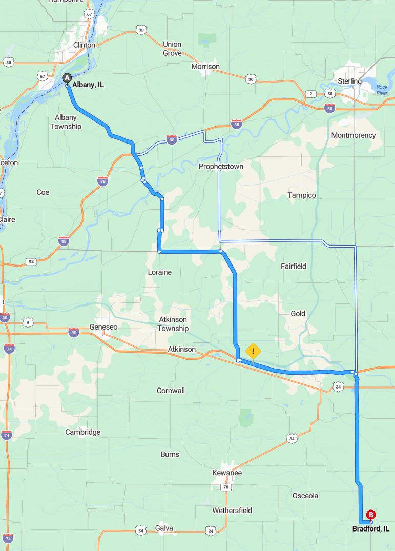 driving from Albany, Illinois to BradfordIllinois - map and route