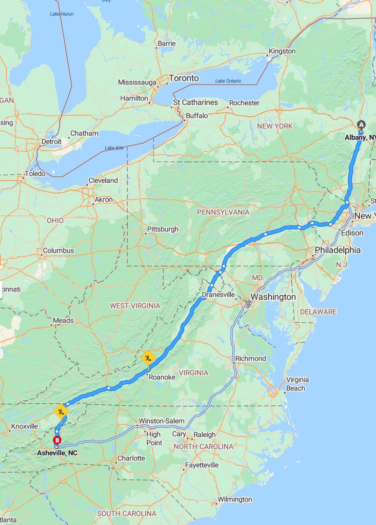 driving from Albany, New York to AshevilleNorth Carolina - map and route