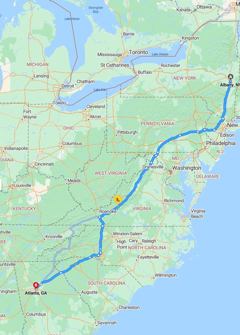 driving from Albany, New York to AtlantaGeorgia - map and route