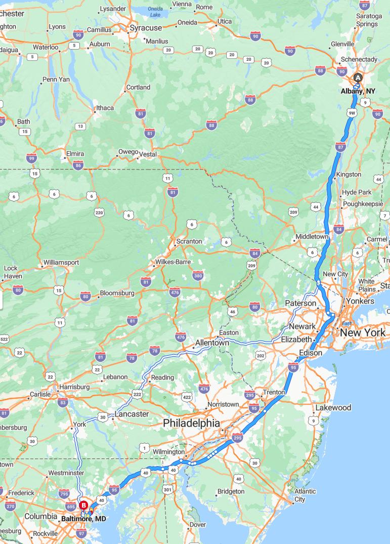 driving from Albany, New York to BaltimoreMaryland - map and route