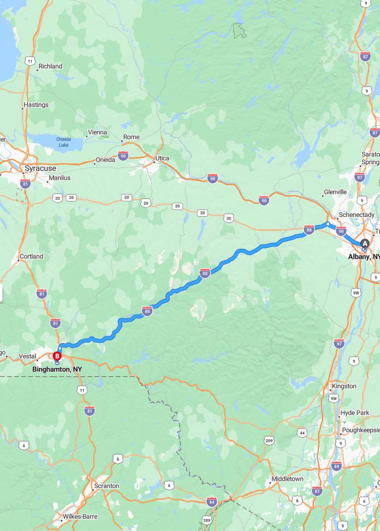 driving from Albany, New York to BinghamtonNew York - map and route