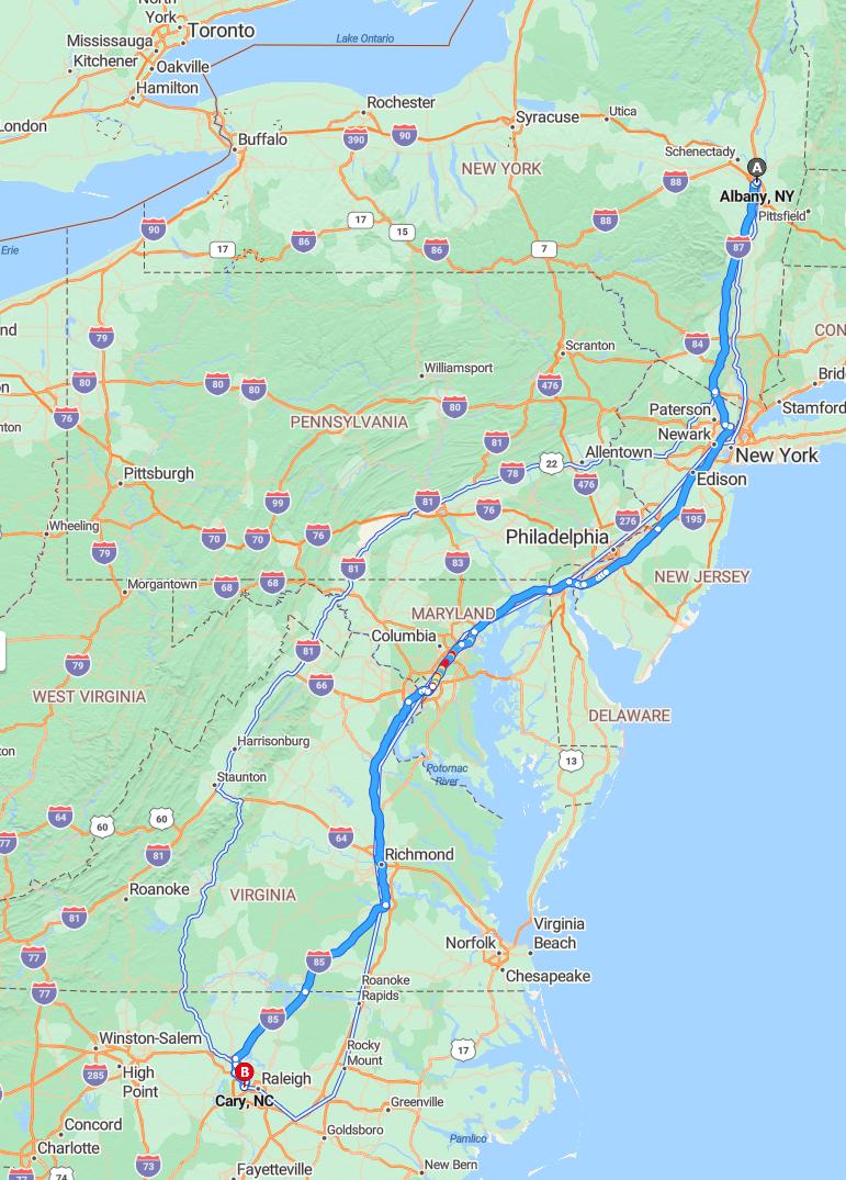 driving from Albany, New York to CaryNorth Carolina - map and route
