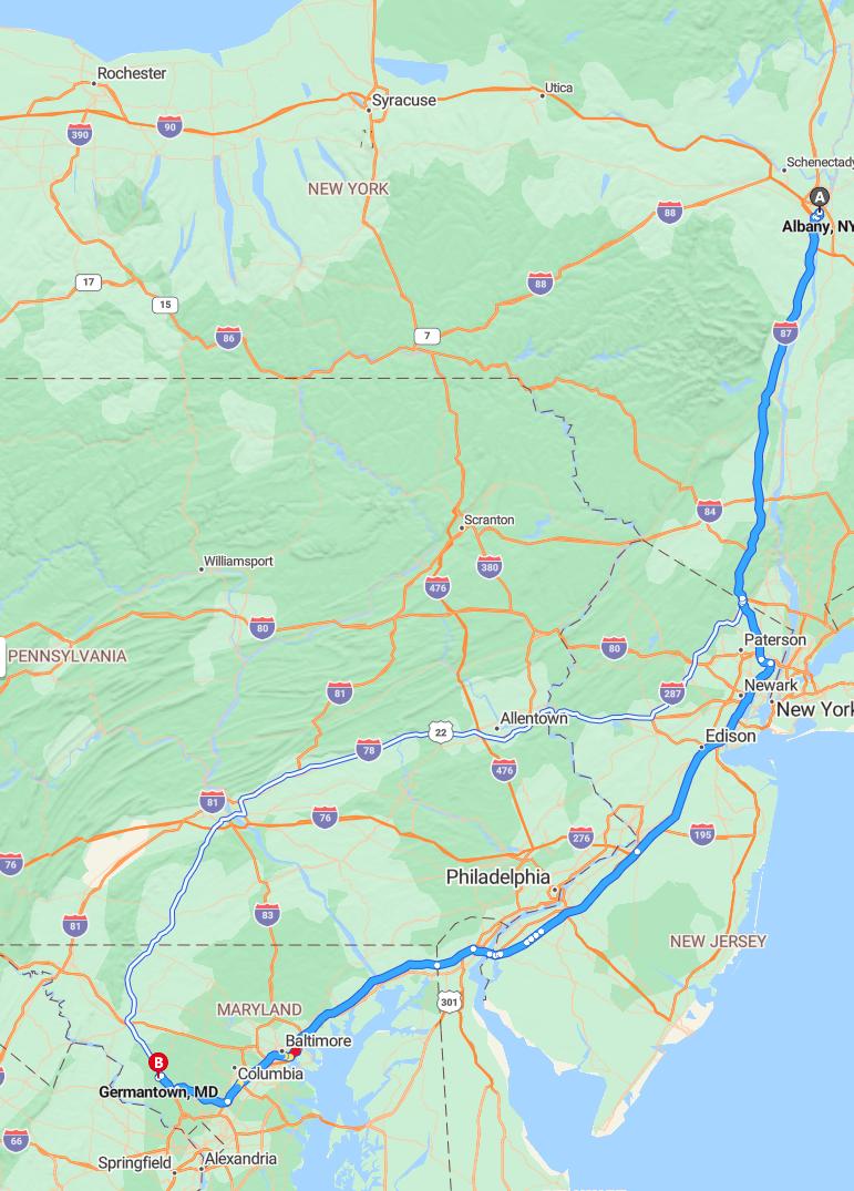 driving from Albany, New York to GermantownMaryland - map and route