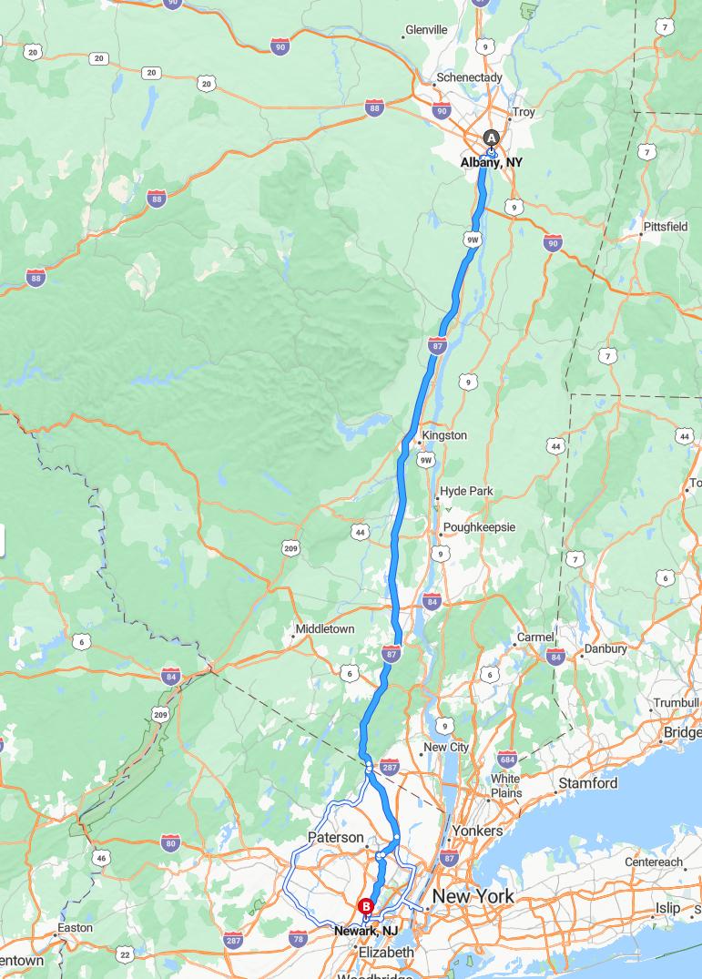 driving from Albany, New York to NewarkNew Jersey - map and route
