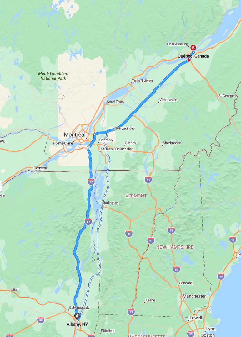 driving from Albany, New York to Quebec CityQuebec - map and route