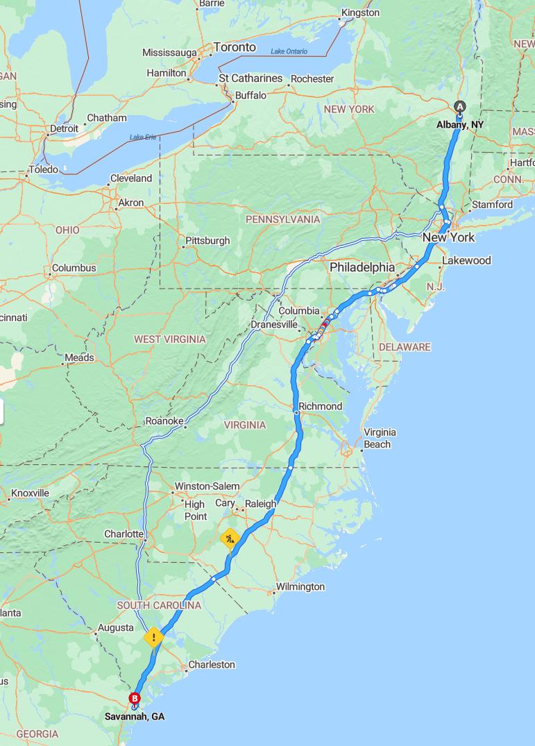 driving from Albany, New York to SavannahGeorgia - map and route