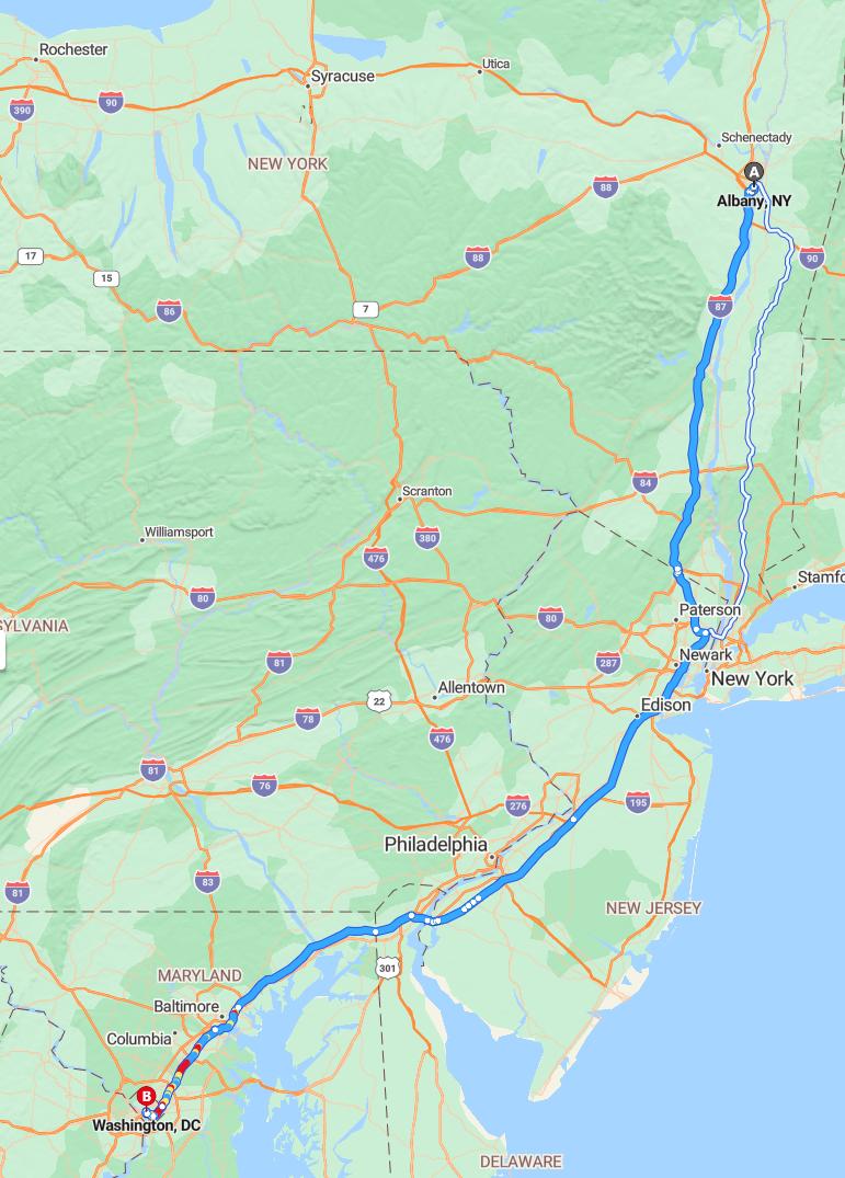driving from Albany, New York to WashingtonD.C. - map and route
