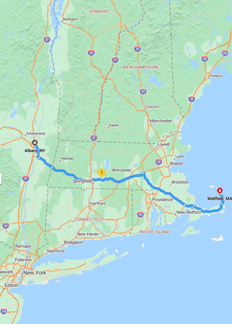 driving from Albany, New York to WellfleetMassachusetts - map and route