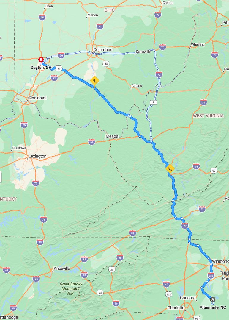 driving from Albemarle, North Carolina to DaytonOhio - map and route