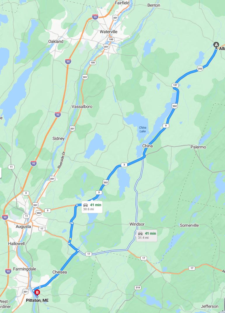 driving from Albion, Maine to PittstonMaine - map and route