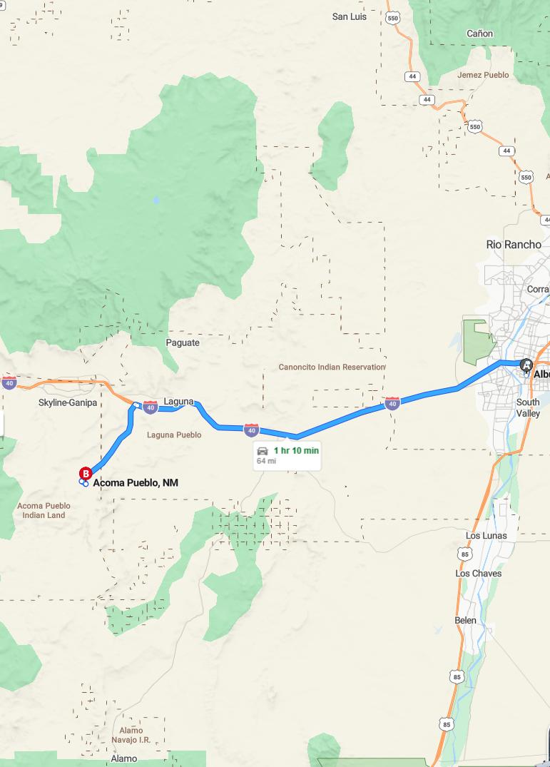 driving from Albuquerque, New Mexico to Acoma PuebloNew Mexico - map and route