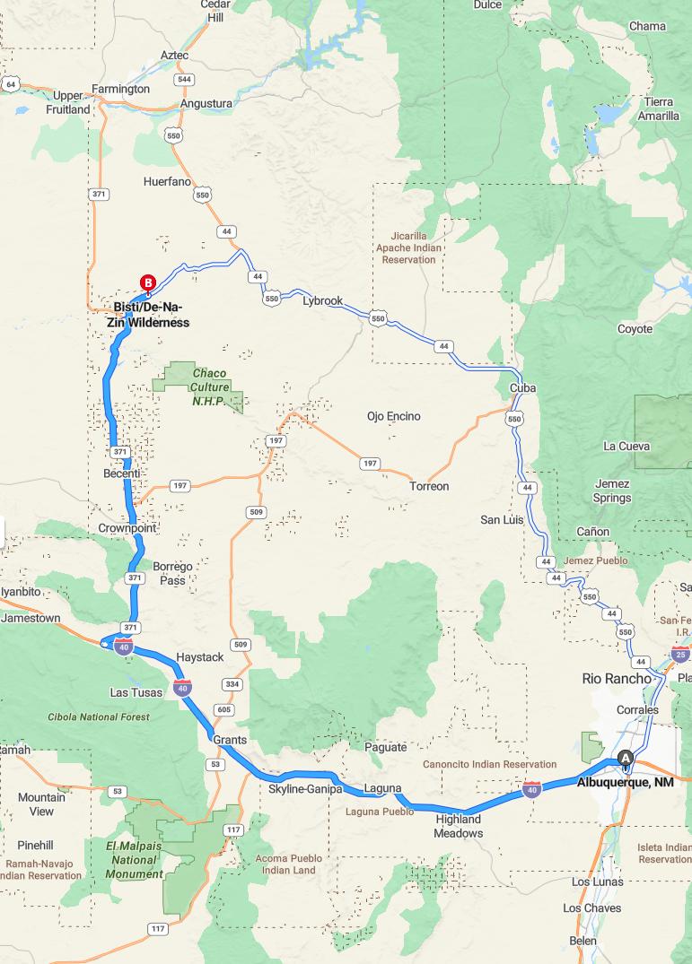 driving from Albuquerque, New Mexico to Bisti BadlandsNew Mexico - map and route