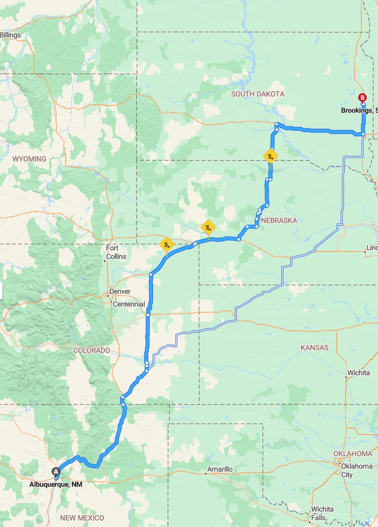 driving from Albuquerque, New Mexico to BrookingsSouth Dakota - map and route