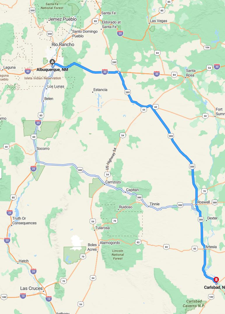driving from Albuquerque, New Mexico to CarlsbadNew Mexico - map and route