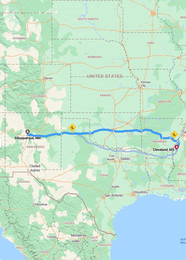 driving from Albuquerque, New Mexico to ClevelandMississippi - map and route