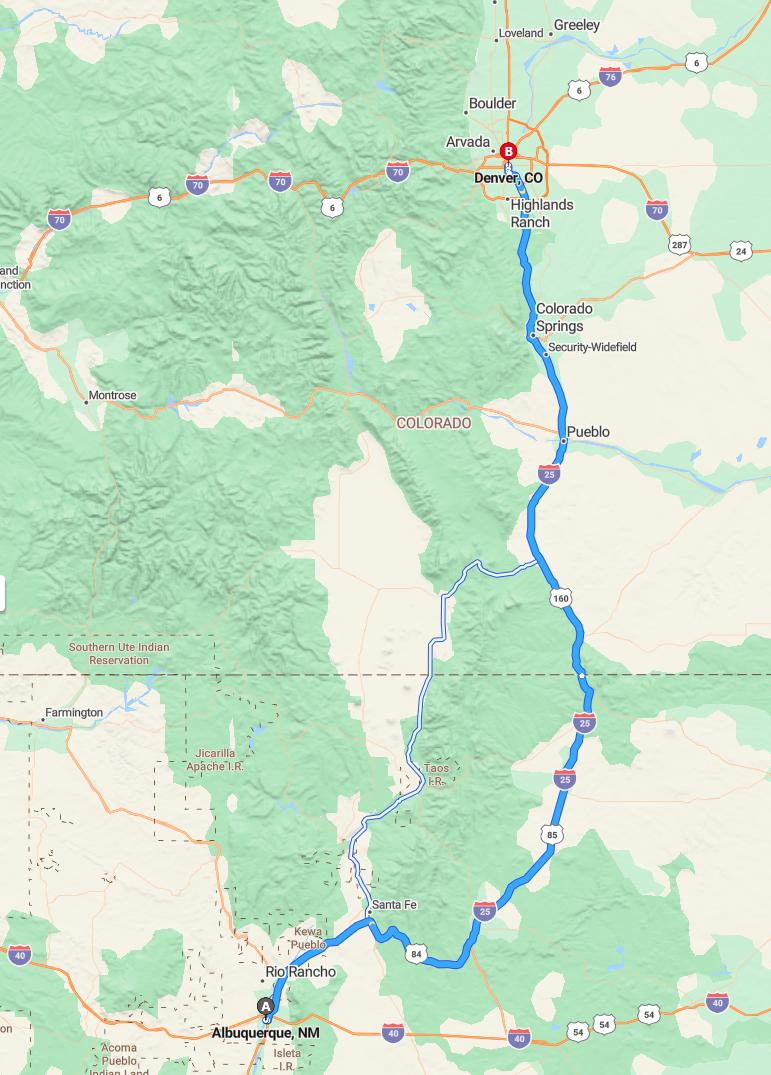 driving from Albuquerque, New Mexico to DenverColorado - map and route