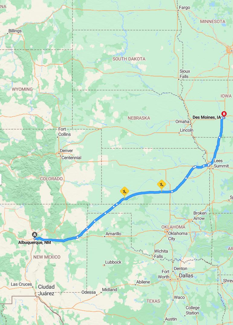 driving from Albuquerque, New Mexico to Des MoinesIowa - map and route