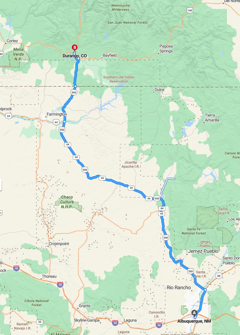 driving from Albuquerque, New Mexico to DurangoColorado - map and route