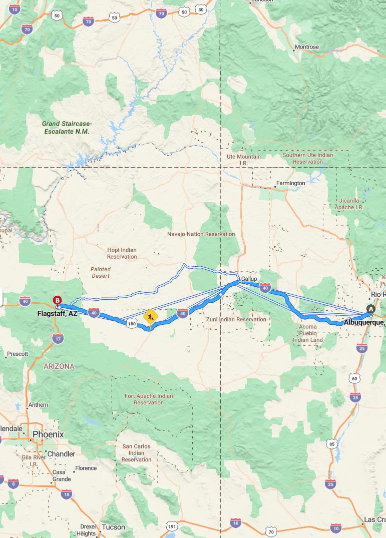 driving from Albuquerque, New Mexico to FlagstaffArizona - map and route