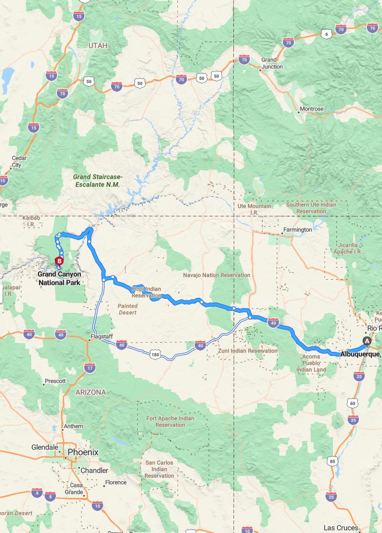 driving from Albuquerque, New Mexico to Grand CanyonArizona - map and route