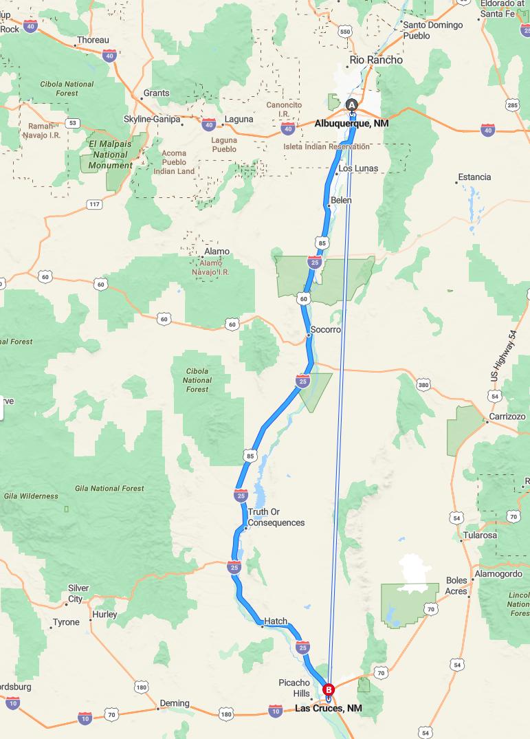 driving from Albuquerque, New Mexico to Las CrucesNew Mexico - map and route