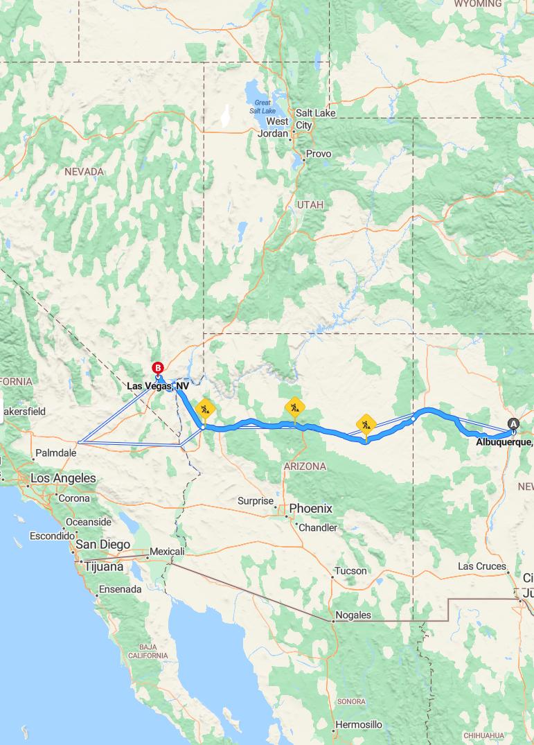 driving from Albuquerque, New Mexico to Las VegasNevada - map and route