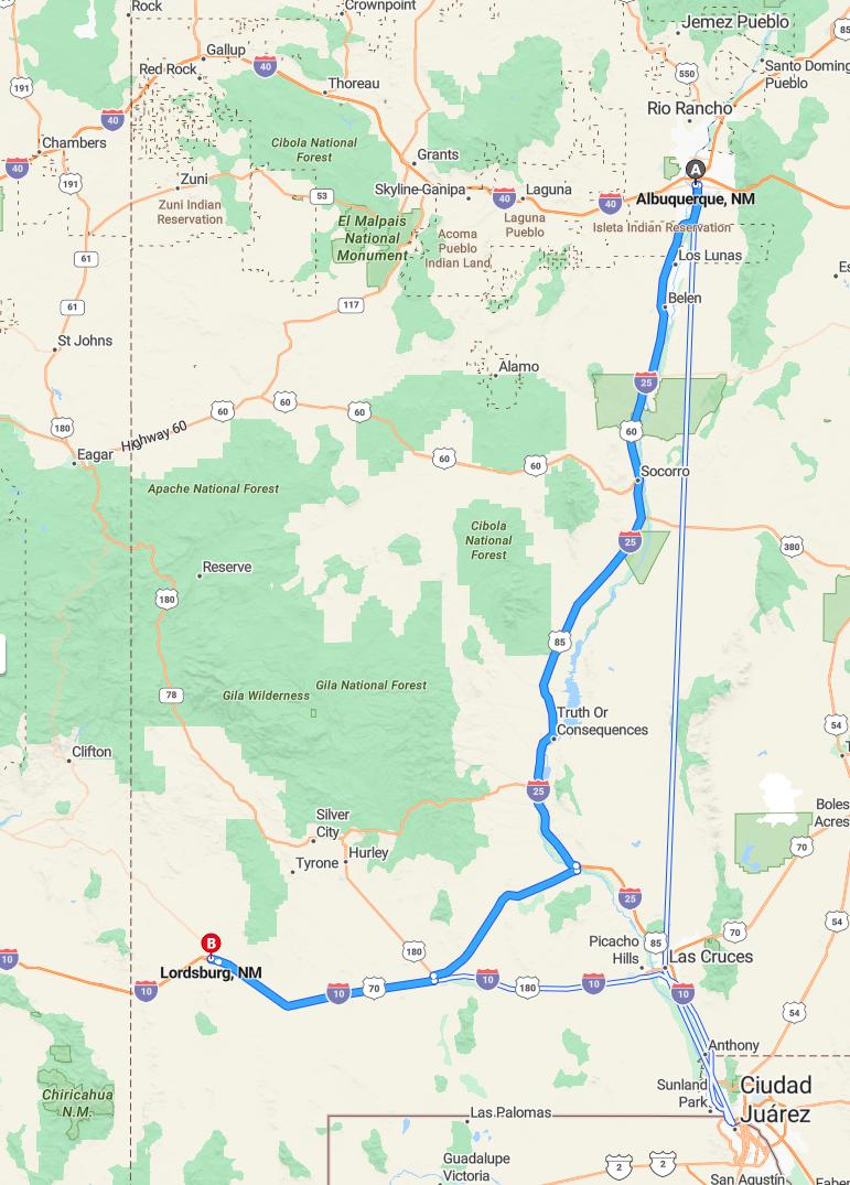 driving from Albuquerque, New Mexico to LordsburgNew Mexico - map and route