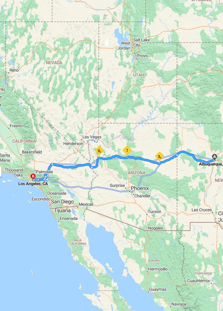 driving from Albuquerque, New Mexico to Los AngelesCalifornia - map and route