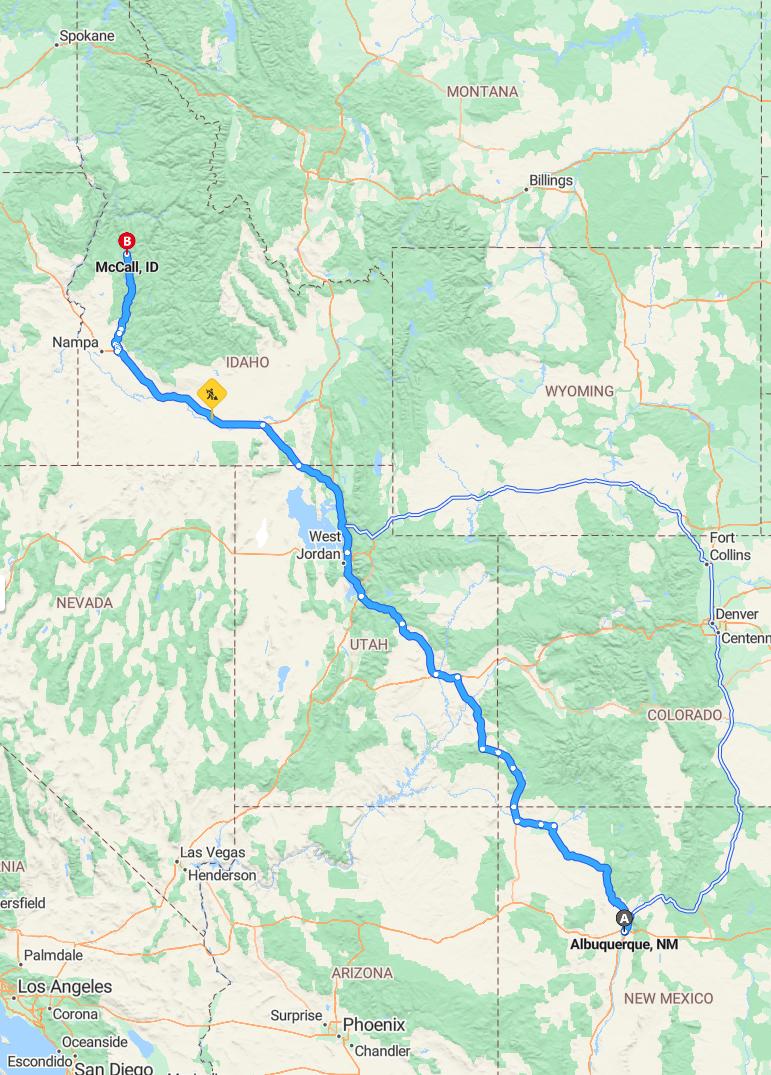 driving from Albuquerque, New Mexico to McCallIdaho - map and route
