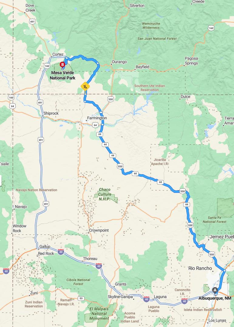 driving from Albuquerque, New Mexico to Mesa VerdeColorado - map and route